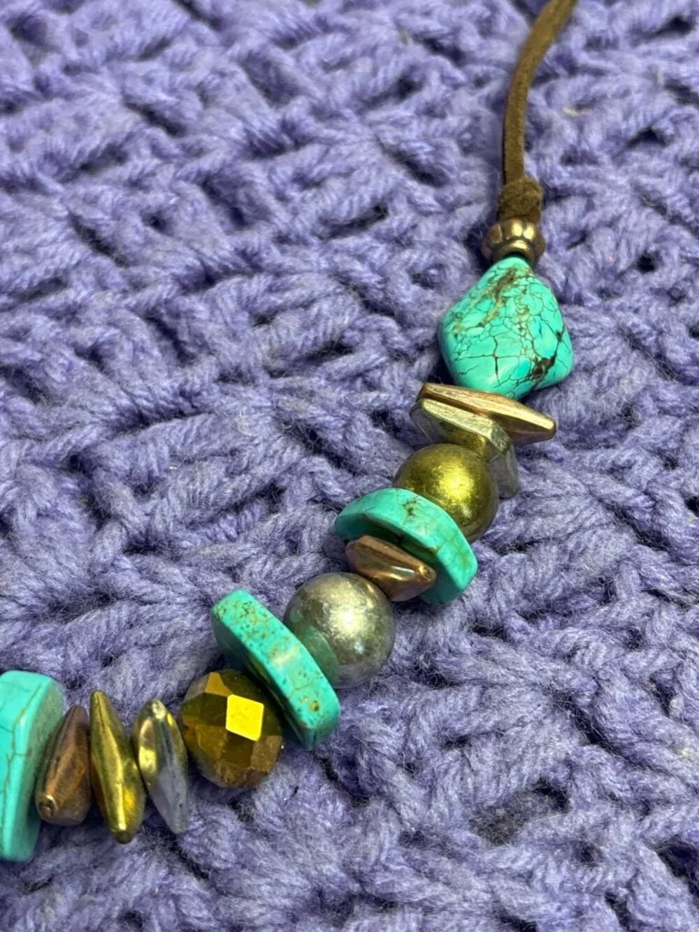 Dyed Howlite Stone Faux Turquoise 3 Tone Metal Beaded Suede Double Cord Necklace